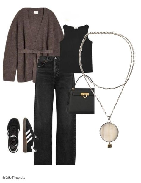 jak dobierać biżuterię do swetra - Srebrny naszyjnik z dużym, okrągłym wisiorem z muszli w stylizacji z brązowym kardiganem i ciemnymi spodniami.