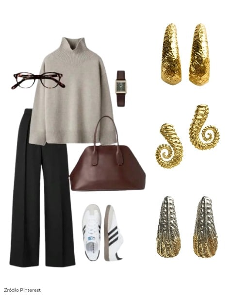 jak dobierać biżuterię do golfu - Złote kolczyki o strukturalnej formie w zestawieniu z beżowym golfem, ciemnymi spodniami i brązową torbą.