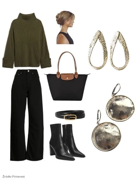 jak dobierać biżuterię do golfu - kolczyki o organicznej, młotkowanej strukturze w stylizacji z oliwkowym golfem i czarną torebką.