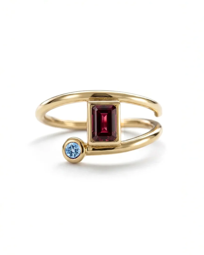 Pierścionek z kolekcji Serena, geometryczny z białym i niebieskim topazem MM Sroka Design