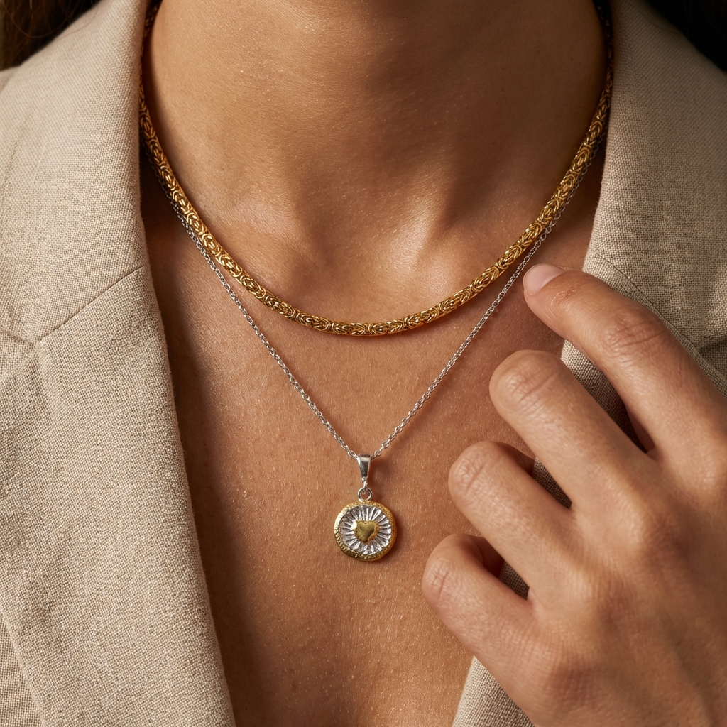 łańcuch o splocie bizantyjskim połączony warstwowo z delikatnym łańcuszkiem i zawieszką z symbolem serca na dekolcie modelki