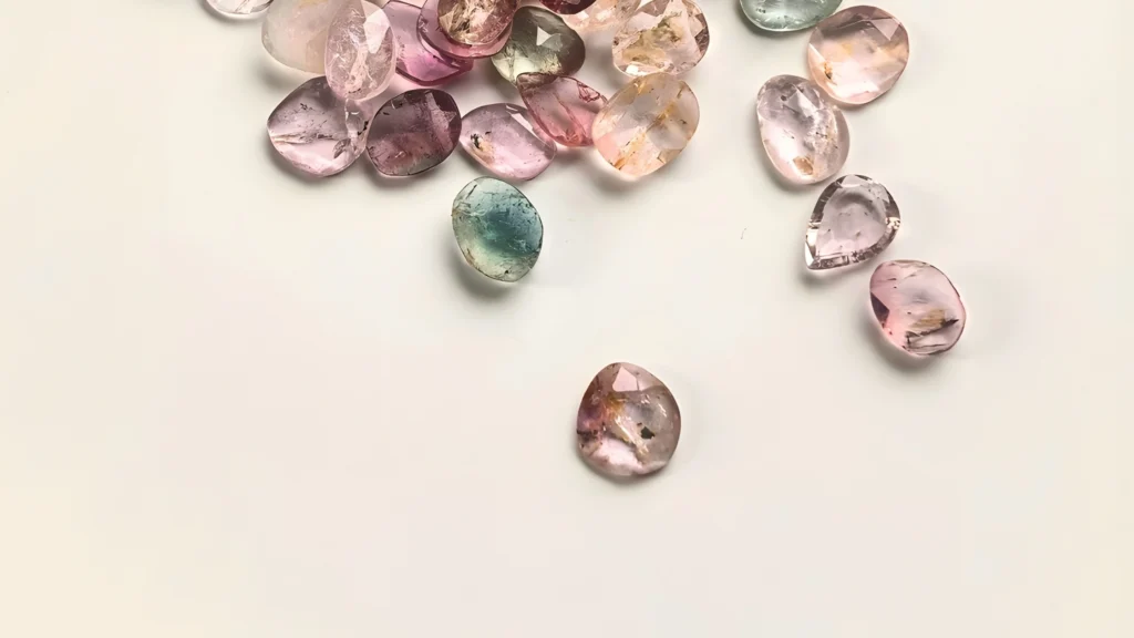 Kamienie naturalnie niekalibrowane - turmaliny, rozsypane na blacie, symbolika kamieni naturalnych