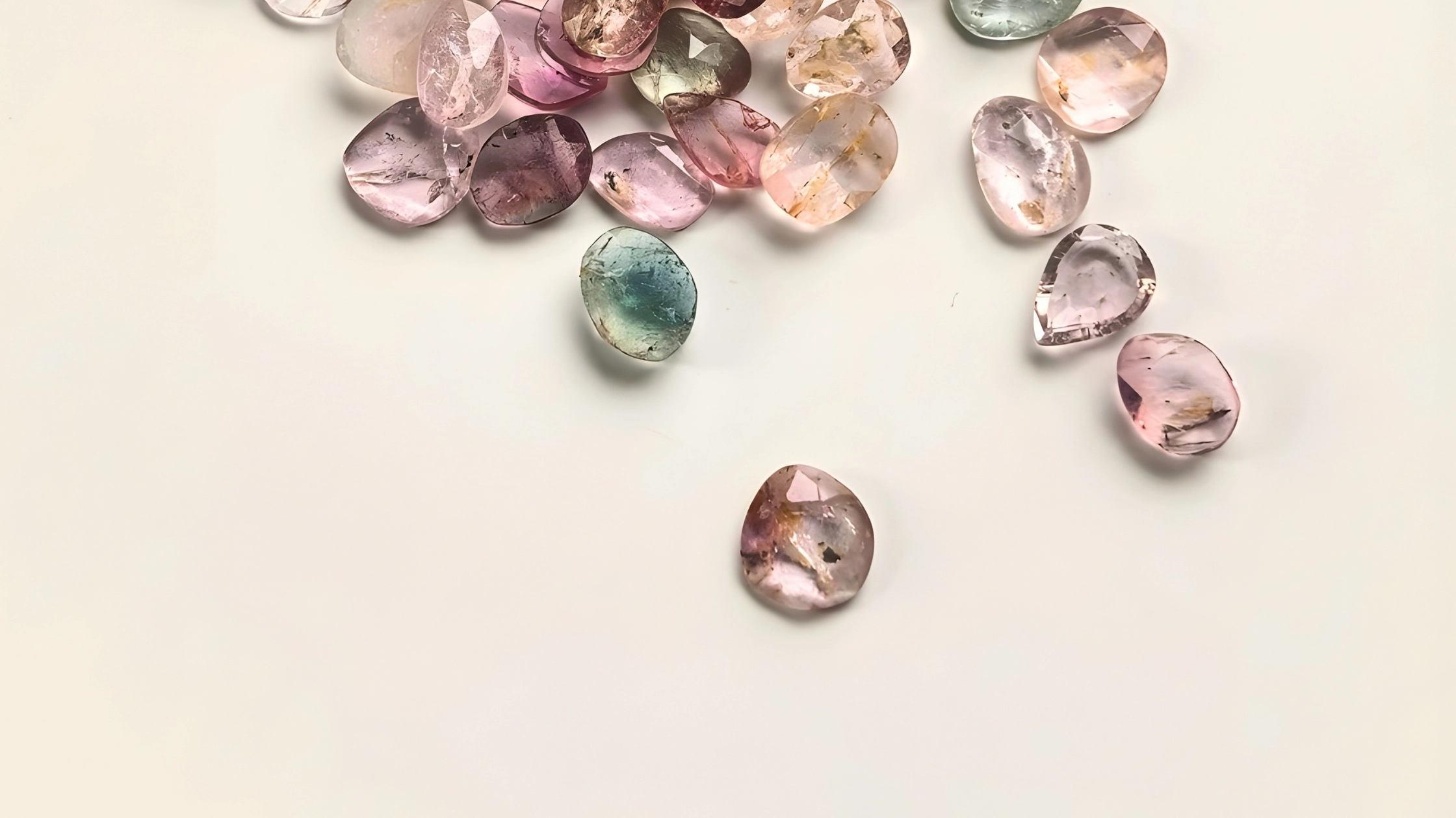 Kamienie naturalnie niekalibrowane - turmaliny, rozsypane na blacie, symbolika kamieni naturalnych