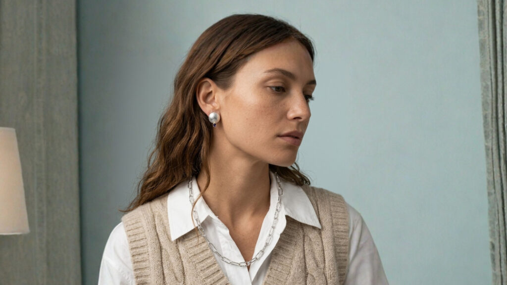 Biżuteria w biznesie. Kobieta w białej koszuli z naszyjnikiem srebrnym, wykonanym ręcznie oraz okrągłymi kolczykami - MM Sroka Design