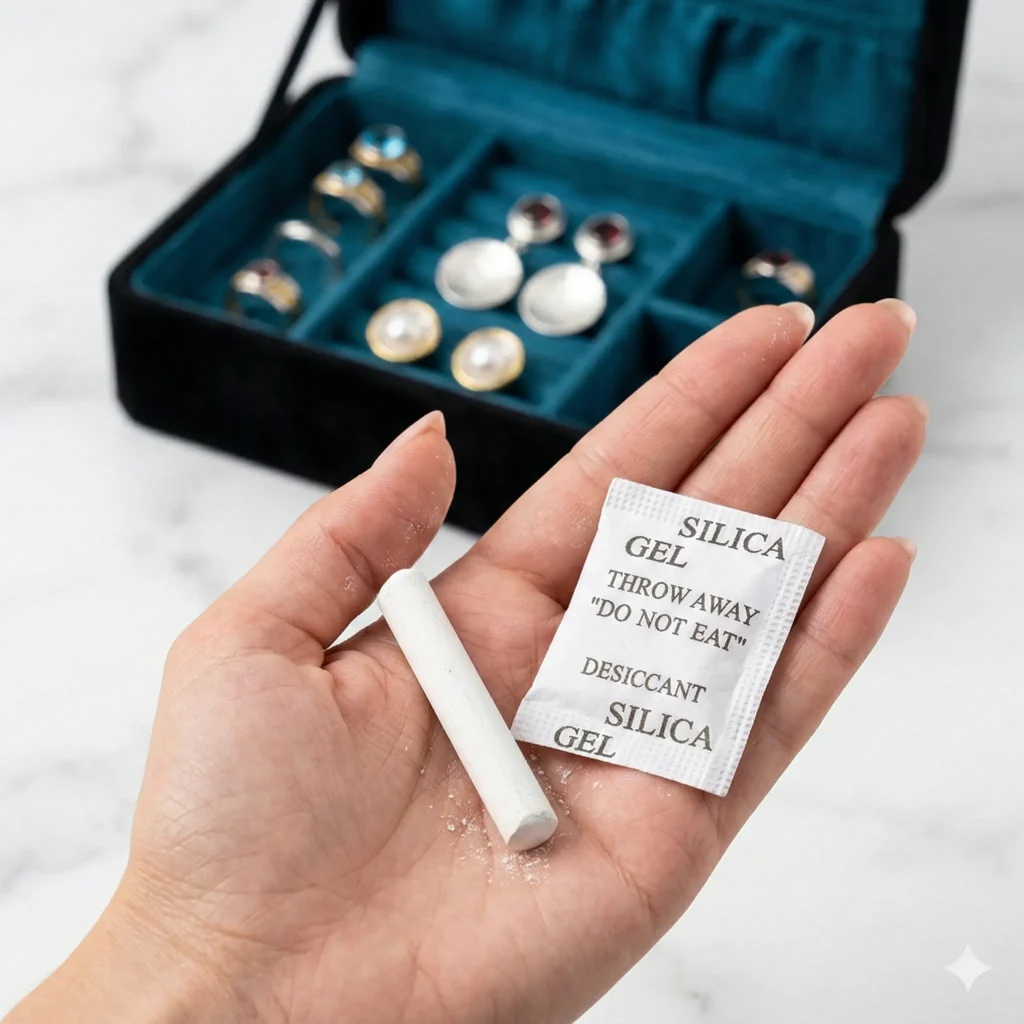 Kreda, ryż lub woreczki pochłaniające wilgoć mogą pomóc w przechowywaniu biżuterii ze srebra ale mają swoje wady - jak przechowywać biżuterię ze srebra