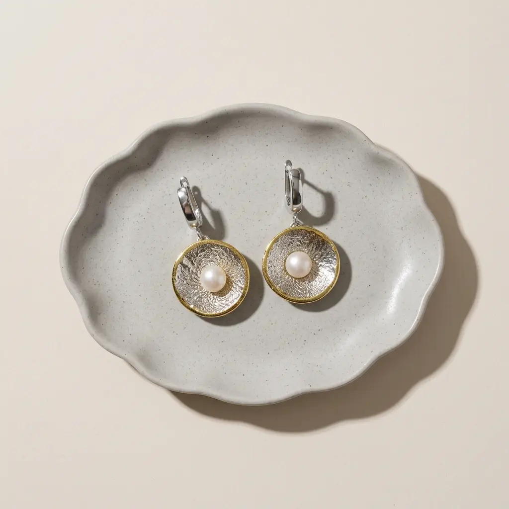 kolczyki wiszące koła z perłą hodowaną wykonane ręcznie w polskiej pracowni biżuterii premium MM Sroka Design